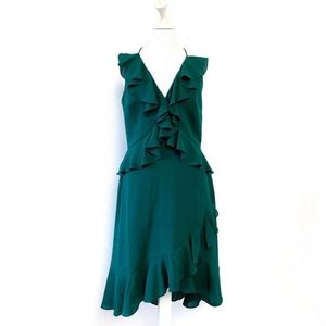 New! BADGLEY MISCHKA Green Ruffle Formal dress High Low hem